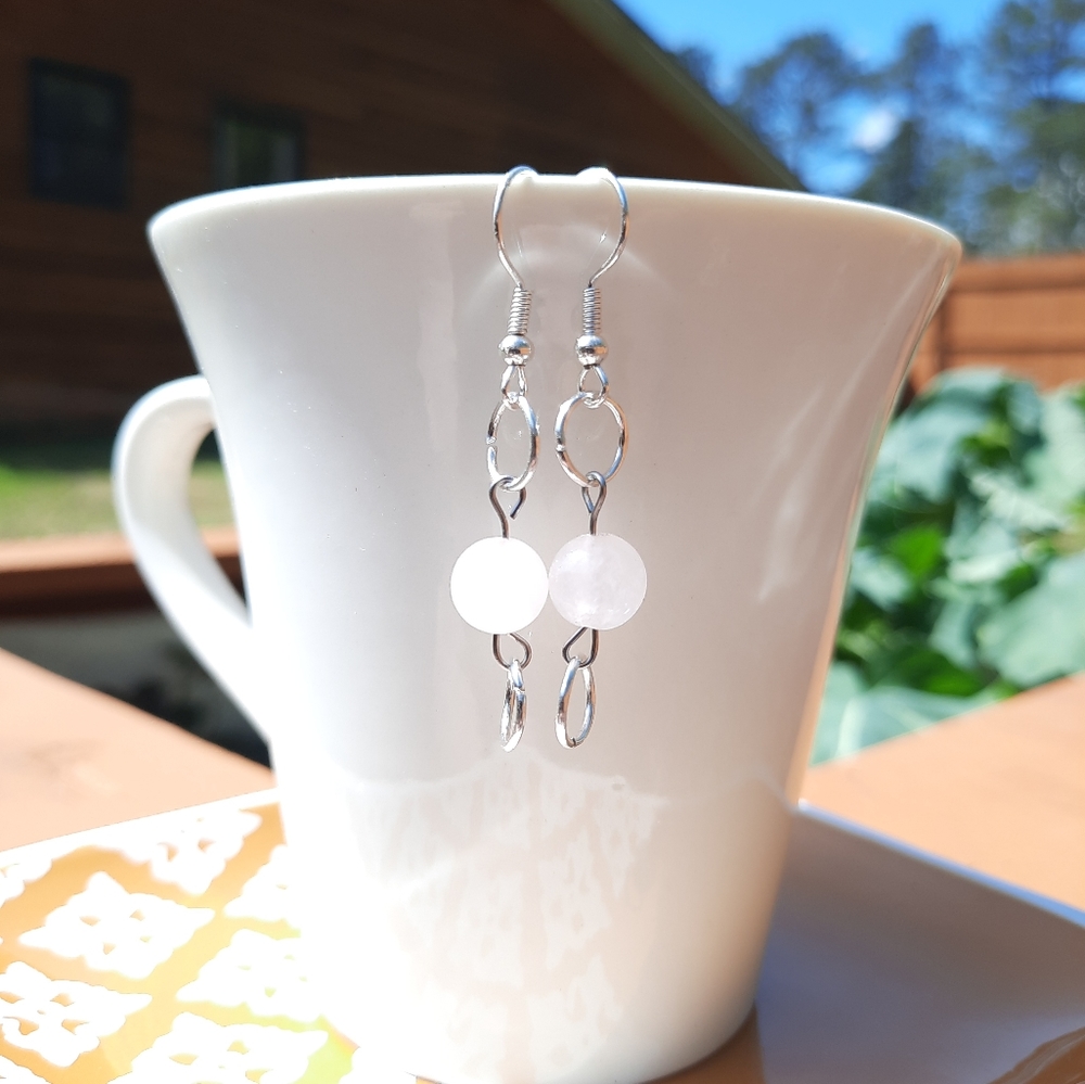 Rose Quartz Stone & Circle Dangle Silver Earrings